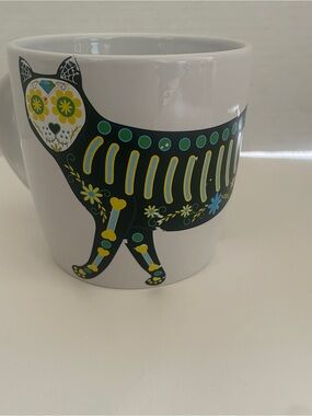 Day of the Dead Cat Ceramic Mug - Black & Yellow Floral Skull Design